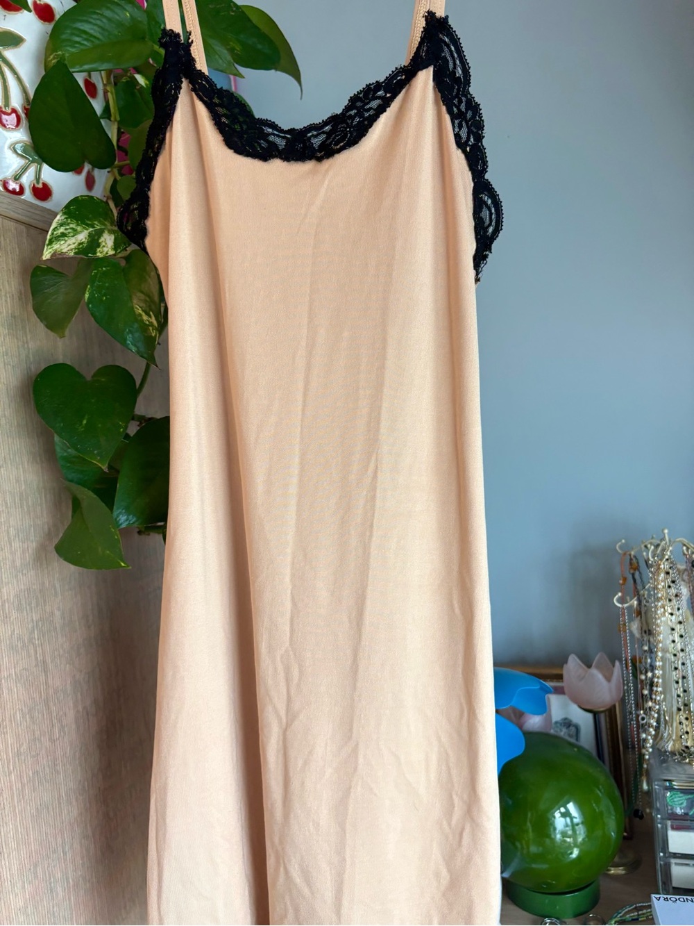 Vintage Silk and Satin Lace-Trim Slip Dress Black & Tan